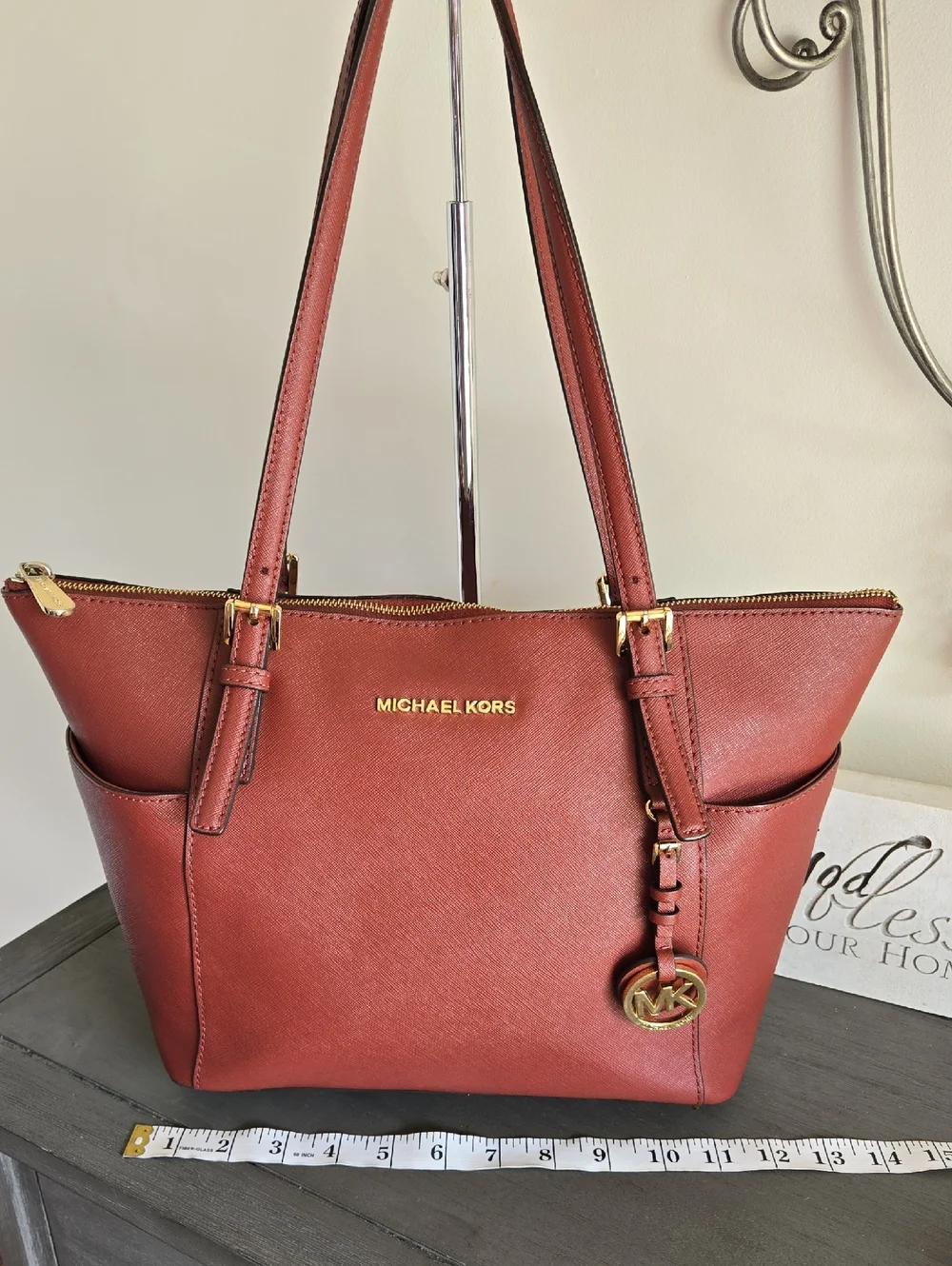 Michael Kors Jet Set Brick Red Saffiano Leather Tote with Gold MK Charm